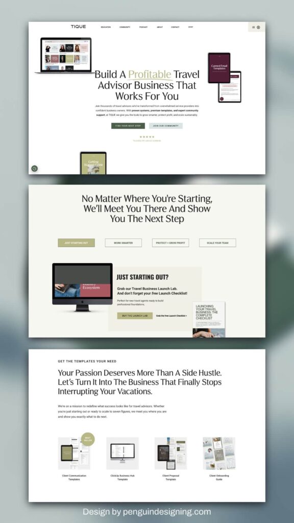 Screenshot of a website promoting travel advisor business services, featuring headlines, sign-up forms, and template previews on a white background—designed for optimal website conversions.