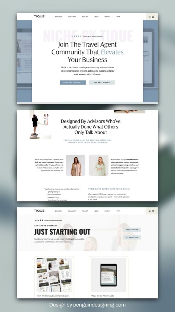 Screenshot of a travel agent community website, featuring sections about business growth, advisor-designed services, and resources for new travel agents—crafted to boost website conversions. White background with minimal design elements.