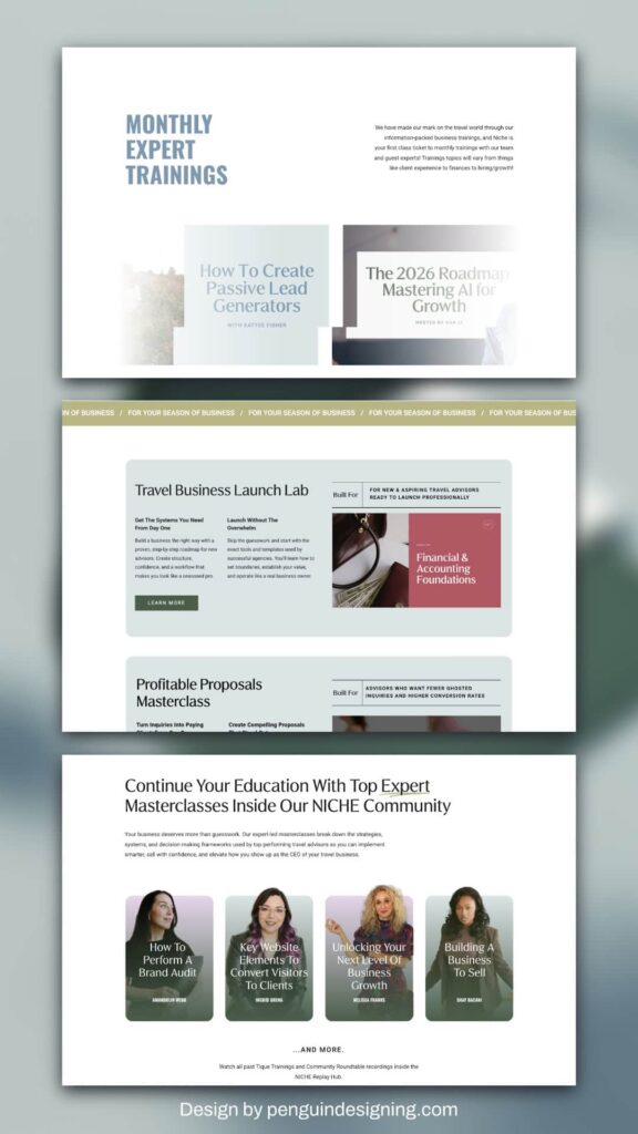 A website page displays sections for monthly expert trainings, including classes on lead generation, financial growth, travel business, and masterclasses focused on business education and conversion optimization.