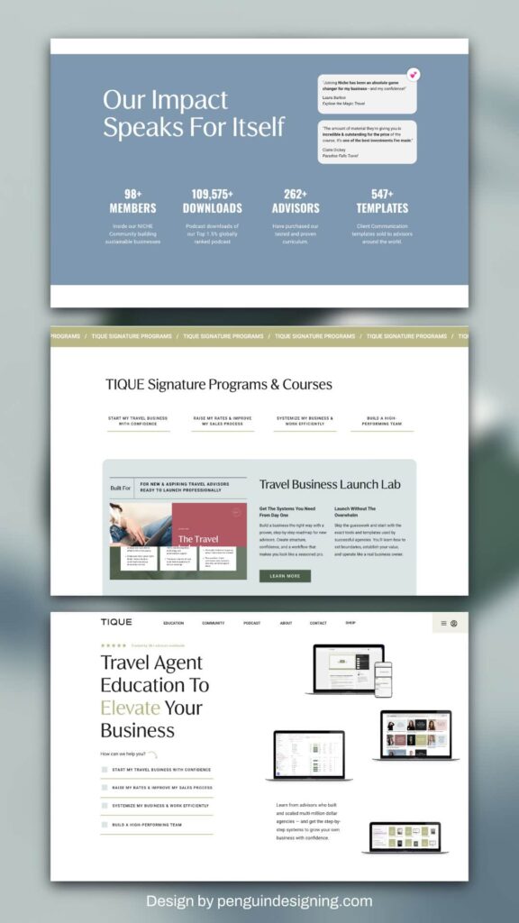 Screenshot of a website showcasing business achievements, signature programs, and educational resources for travel agents, with clear headers and organized layout designed to boost website conversions.