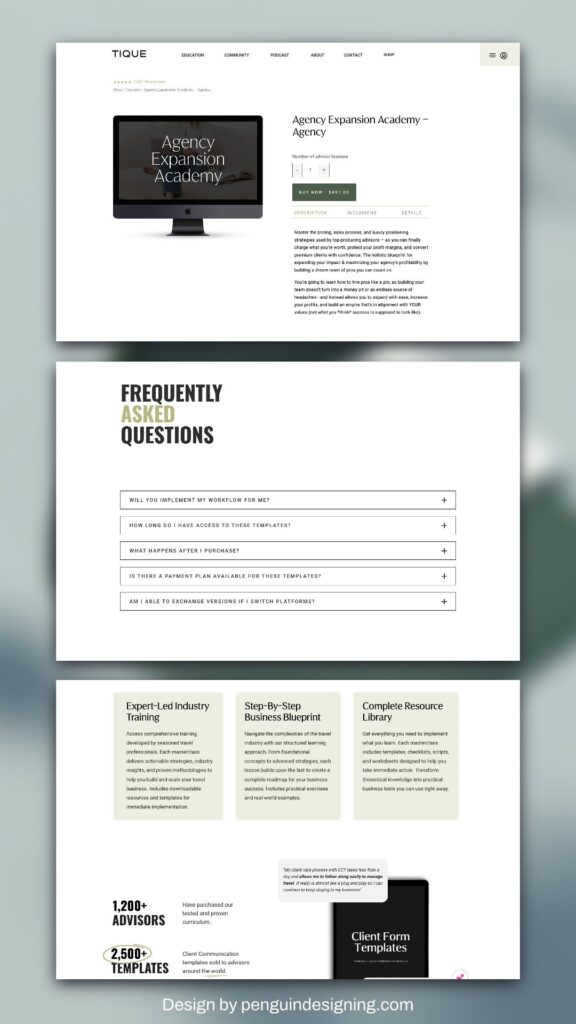 A website page displays details about the "Agency Expansion Academy," including an introduction, FAQs, features, and template options focused on conversion optimization, all presented in a clean, professional layout.
