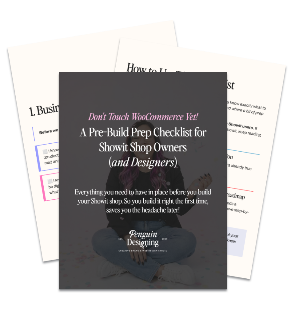 A checklist cover page titled "A Pre-Build Prep Checklist for Showit Shop Owners (and Designers)" is shown, with two pages of checklists partially visible behind it—perfect for understanding digital product buyer psychology.