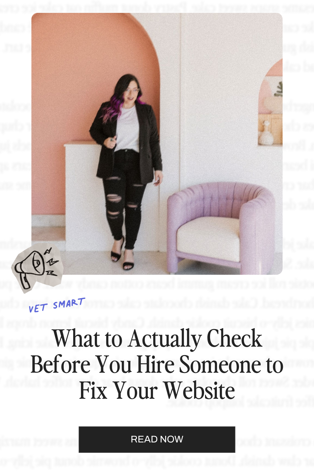 Woman with purple hair stands next to a mauve chair in a stylish room; text below discusses how easy it is to hire someone to fix your website, highlighting the benefits of professional website repair and ongoing website maintenance.