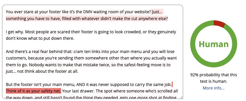 Screenshot of text discussing website footers, with highlighted sentences and a sidebar showing a 92% probability that the text is human-written. The discussion briefly contrasts assistive AI vs generative AI, noting how each approach can impact the design and functionality of website footers.