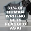 A blue chair with a laptop and a black jacket, overlaid text states: “61% of human writing gets flagged as AI.” The scene highlights the growing confusion between assistive AI vs generative AI in modern writing.
