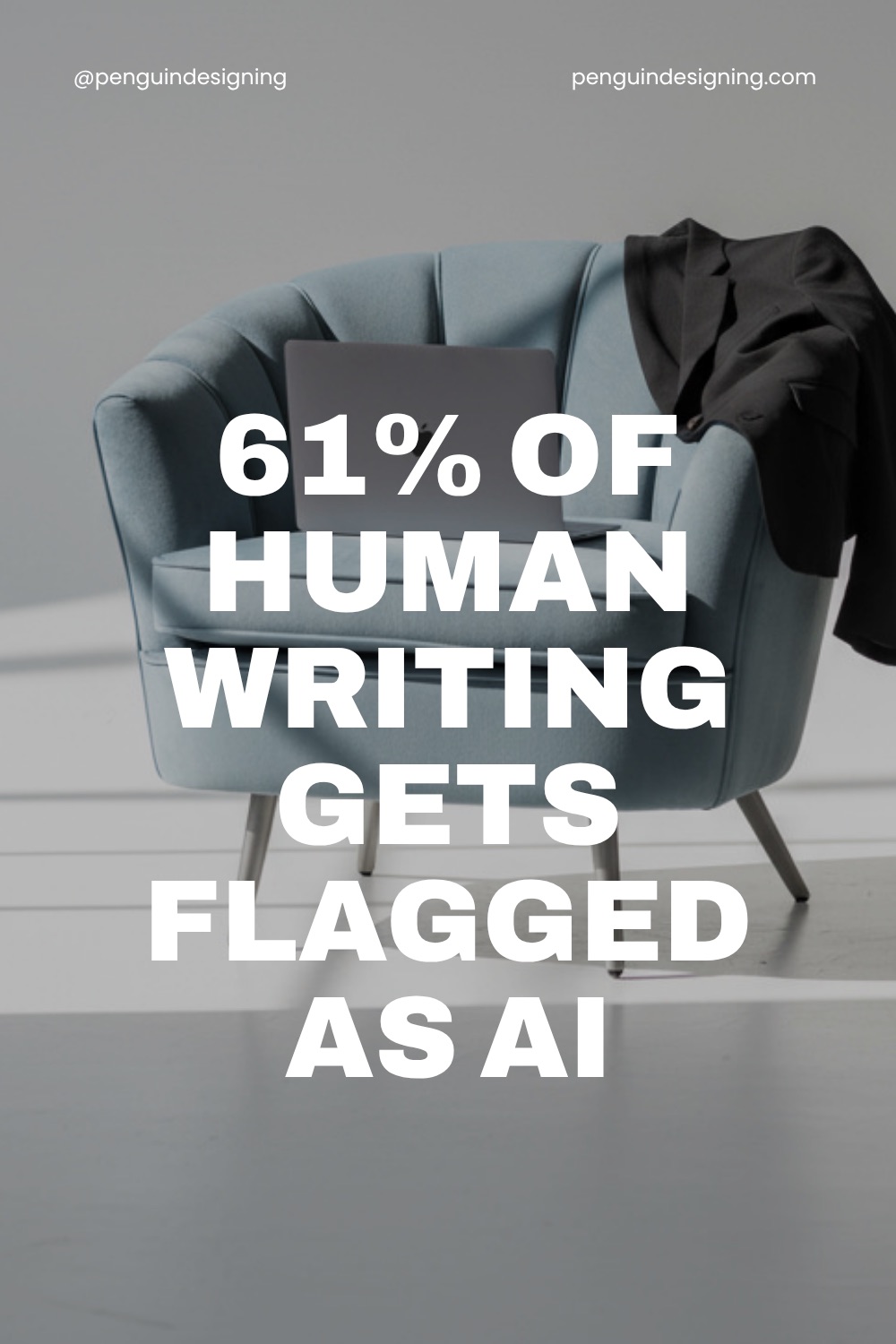 A blue chair with a laptop and a black jacket, overlaid text states: “61% of human writing gets flagged as AI.” The scene highlights the growing confusion between assistive AI vs generative AI in modern writing.