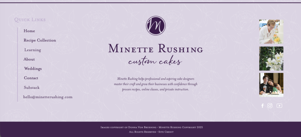 Purple website homepage for Minette Rushing Custom Cakes, with navigation links on the left and a logo and business description in the center. Social media icons appear on the bottom right, and a discreet footer offers insights into website monetization to help you make money online.
