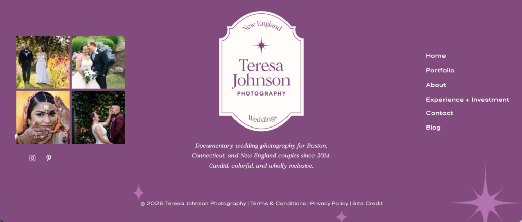 A purple website homepage for Teresa Johnson Photography with wedding photos, navigation links, a central logo, and an elegant footer. Text highlights documentary wedding photography in New England and inspires couples to cherish their memories—because your story deserves more than just a picture; it’s how you make money with meaning.