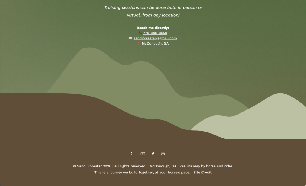 Green-toned landscape background with contact details for Sand Forester, including phone, email, and location in McDonough, GA. Footer text mentions virtual or in-person training sessions as well as website monetization tips to help you make money online.