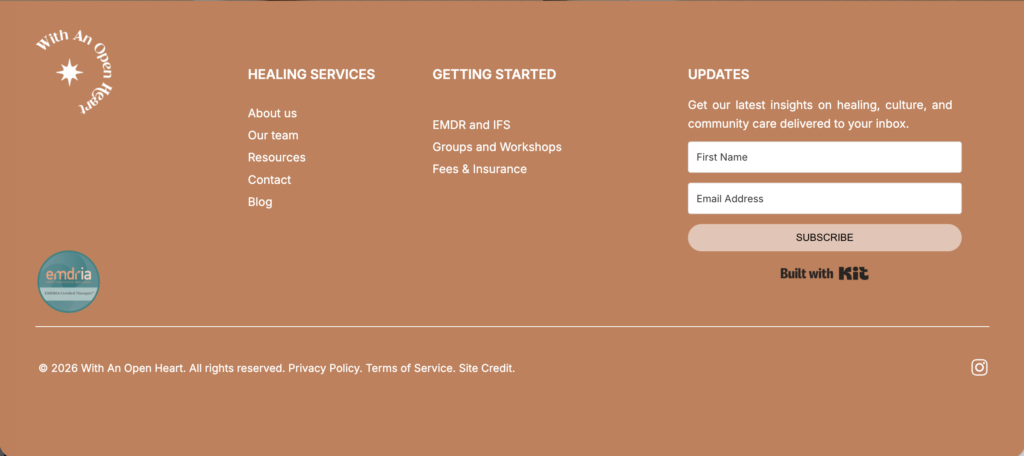 Footer of a website showing navigation links, a newsletter signup form, a circular logo, an accreditation badge, and copyright information on a brown background—thoughtfully designed to support website monetization while providing users with essential resources.