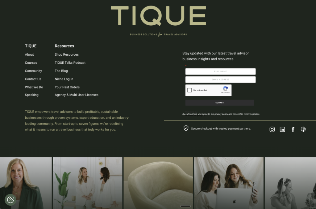 TIQUE website homepage featuring navigation links, a newsletter signup form, and images of four women and a chair at the bottom footer. The background is dark with gold and white text, providing an elegant setting that supports effective website monetization while captivating visitors’ attention.