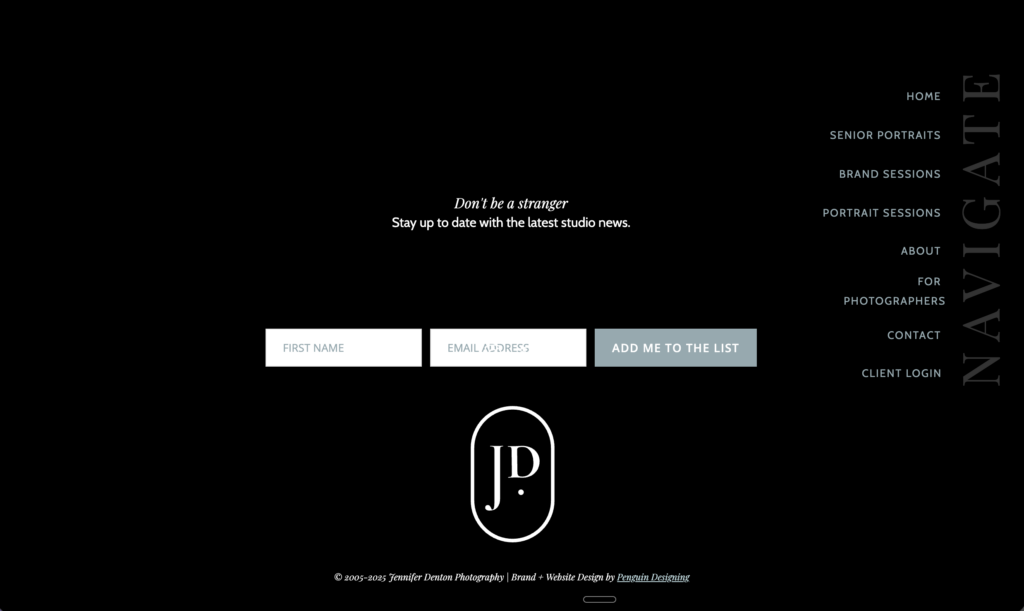 A black webpage with a newsletter signup form asking for first name and email, designed to help users learn how to make money online. Navigation links are on the right, while the JP logo is prominently displayed at the footer in the bottom center.