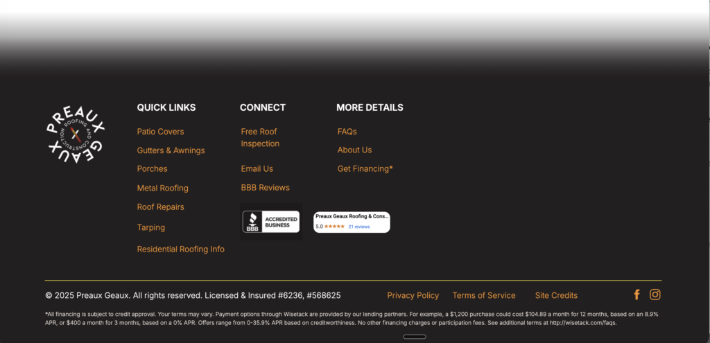 Website footer displaying the Preaux Geaux logo, navigation links, social links, BBB accreditation, copyright notice, licensing info, privacy policy, terms of service, financing disclaimer, and additional resources on website monetization to help you make money online.