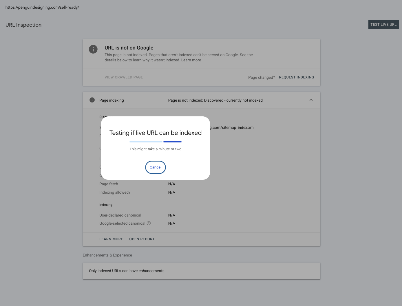 Google Search Console URL inspection interface showing a “Testing if live URL can be indexed” modal over a page status indicating the website is not showing up on Google.