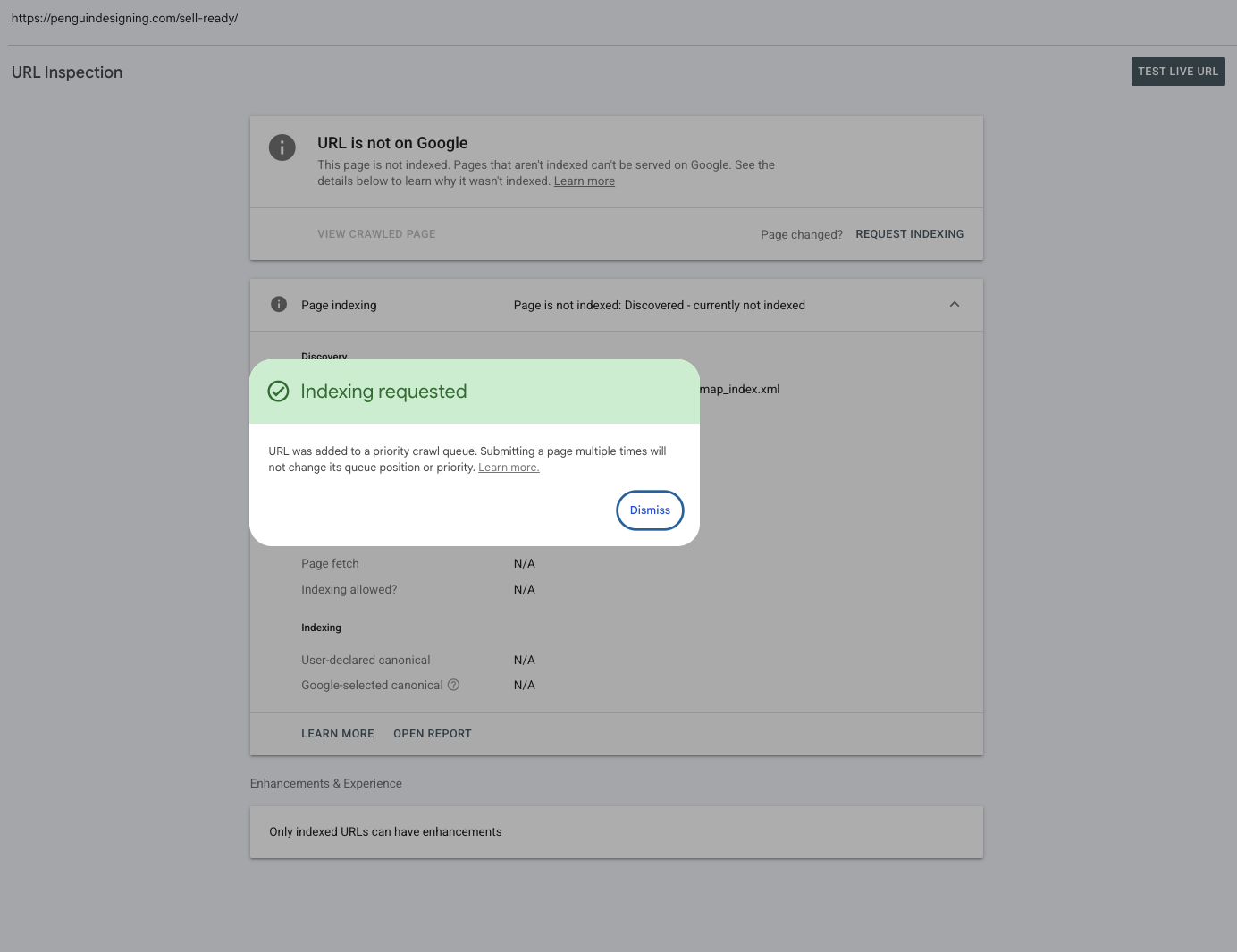 Google Search Console URL inspection tool displaying a confirmation modal for an indexing request, a common step when a website is not showing up on Google.