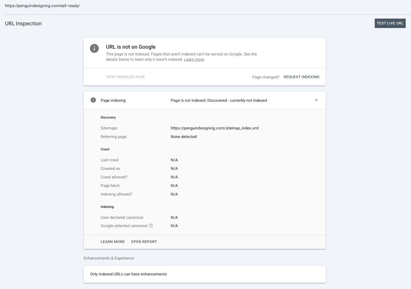 Google Search Console URL inspection report showing that the URL is not on Google and the website is not showing up on Google.