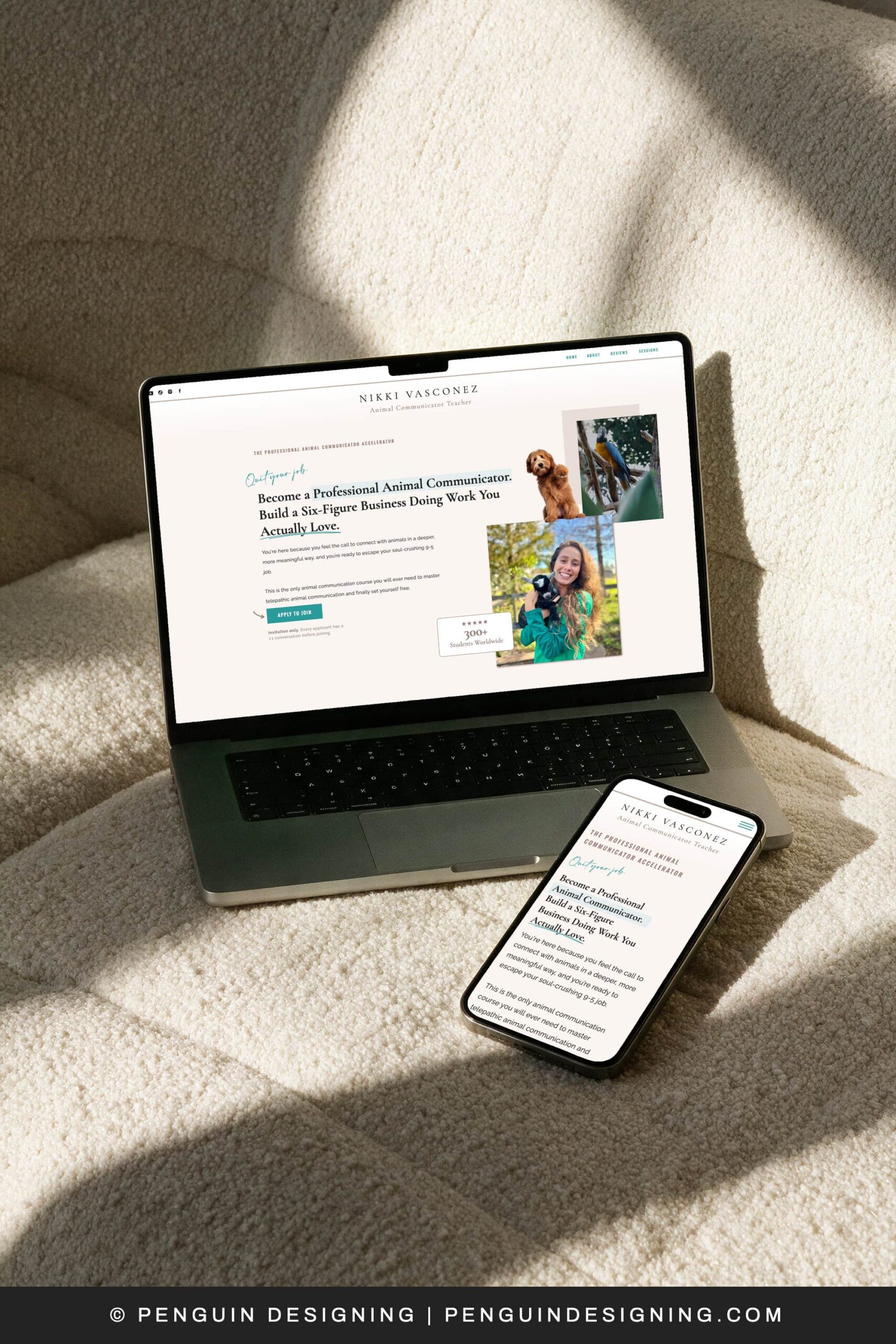 A laptop and a smartphone displaying the Nikki Vasconez Animal Communicator sales page redesign on a neutral surface.