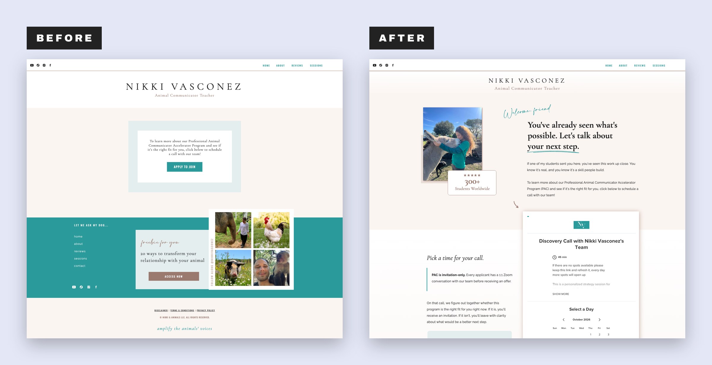 Before and after comparison of Nikki Vasconez’s animal communicator website, showcasing a sales page redesign with updated typography, layout, and content.