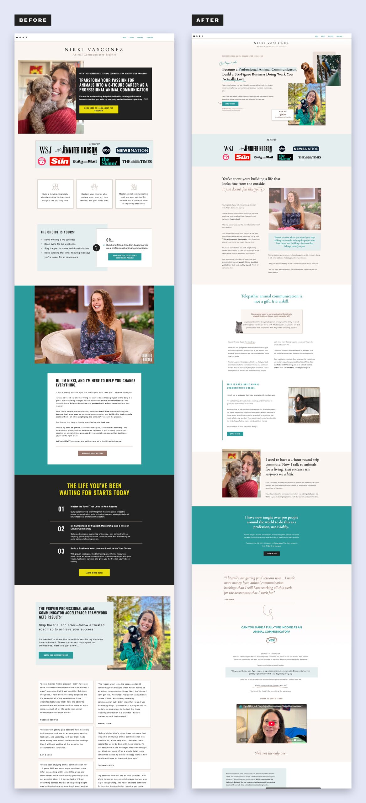 A side-by-side comparison of an animal communicator’s website, showing the landing page layout before and after a sales page redesign.