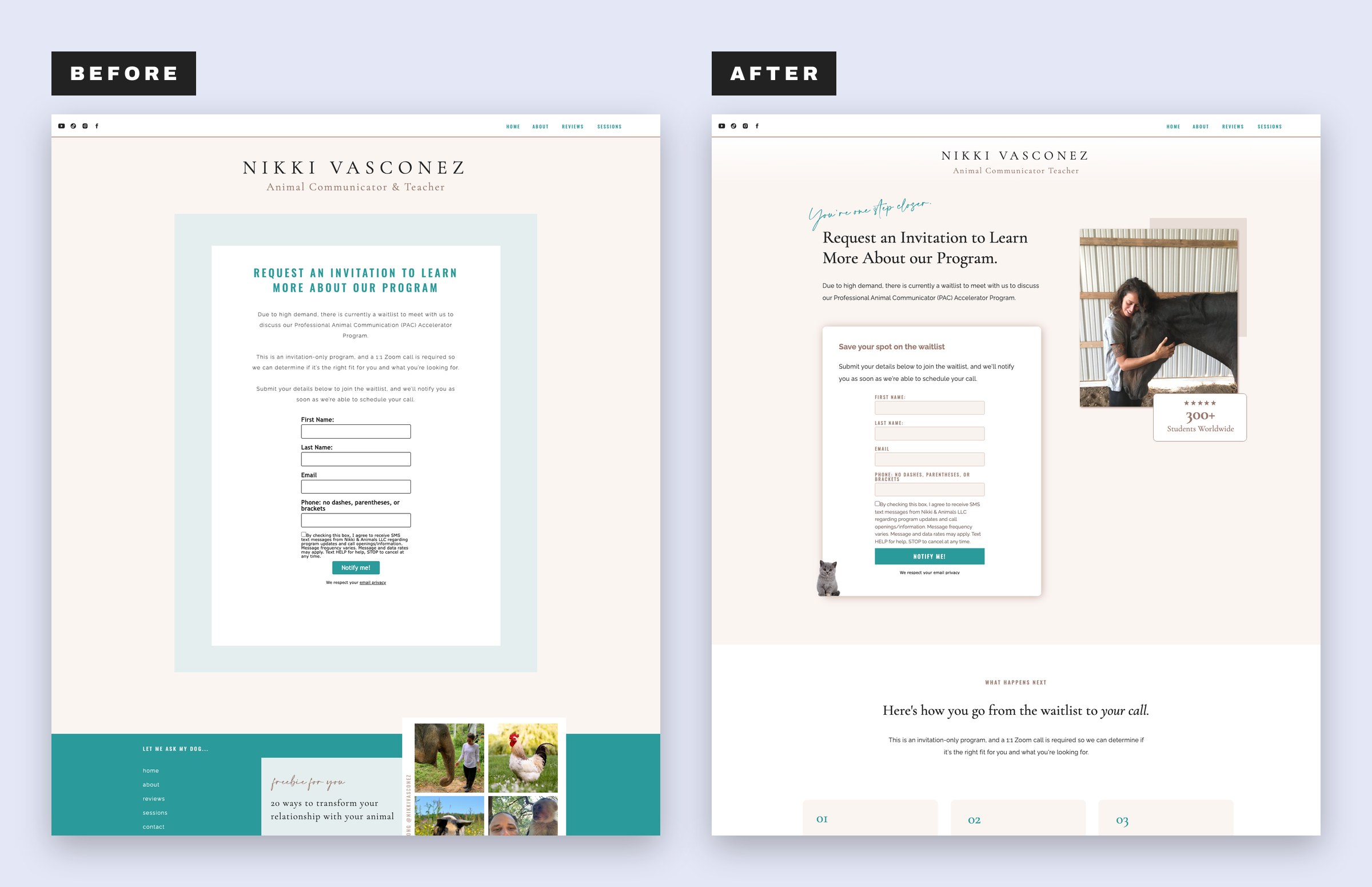Side-by-side comparison of a sales page redesign, showing a basic waitlist form on the left and an updated version with testimonials and social proof on the right.