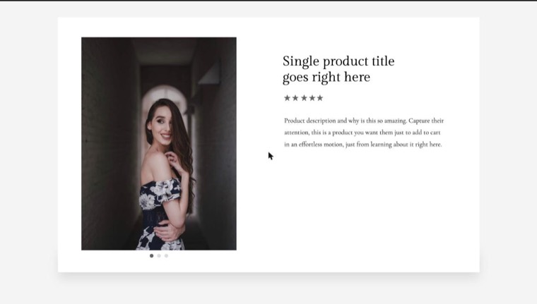 Moody product page demo with a photo carousel and a star rating