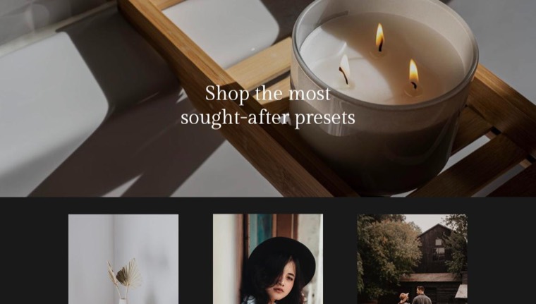 Moody shop page demo, a dark hero over a grid of products