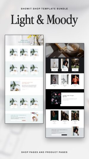 Showit Shop Template Bundle, Light and Moody: a long screenshot of the light shop page next to a long screenshot of the moody shop page