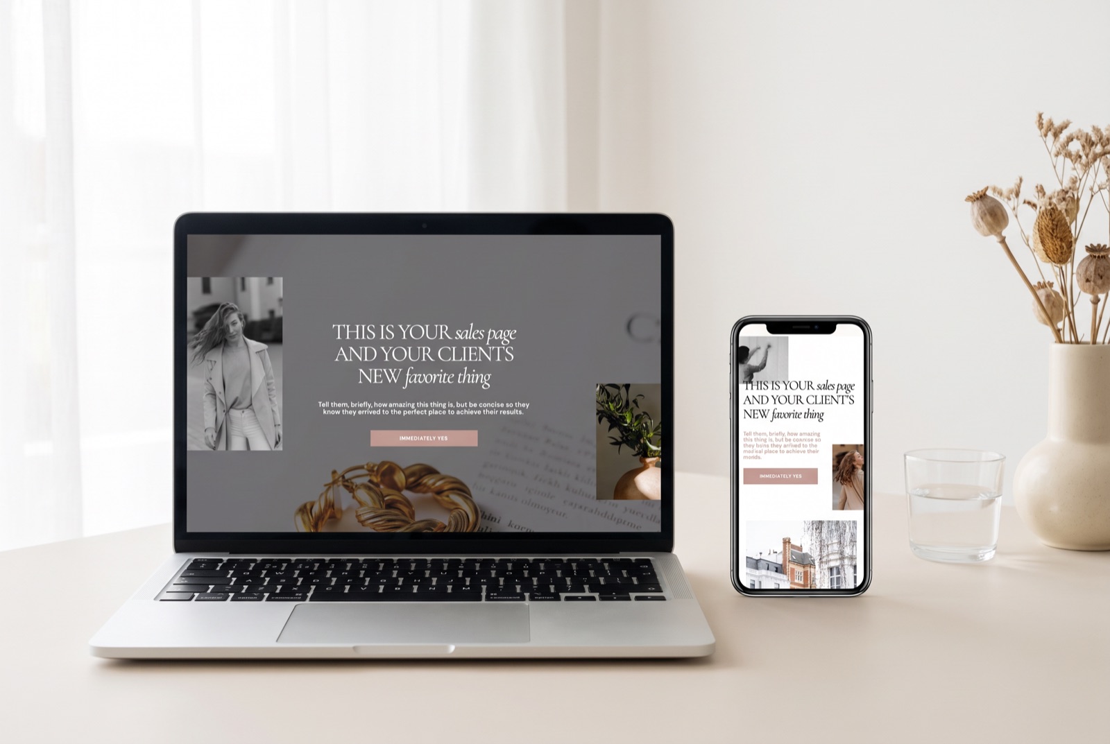 Tisane long sales page on a laptop and short sales page on a phone